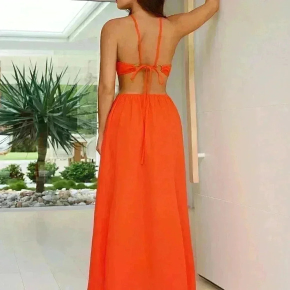 Burnt Orange Boho Women's Backless Hollow-Out Solid Color Sleeveless Dress - Picture 2 of 6
